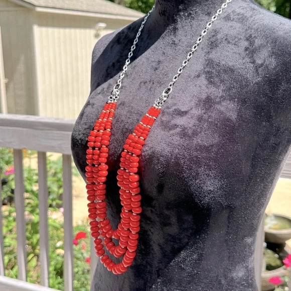Multiple Looks 3 Strand Orange & Silver Long Statement Necklace Premier Designs - Picture 3 of 16
